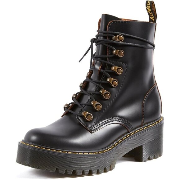 Dr. Martens Heeled Boot Women Black Leona Leather Fashion Boot Sole slip Shoes